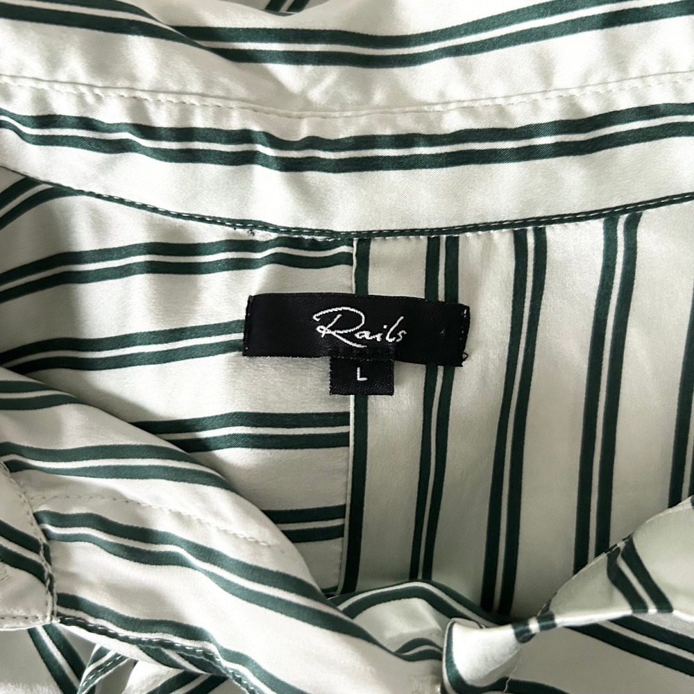 Rails Spencer Eden Stripe 100% Silk Button Down Shirt Green Ivory Size Large - Picture 4 of 6